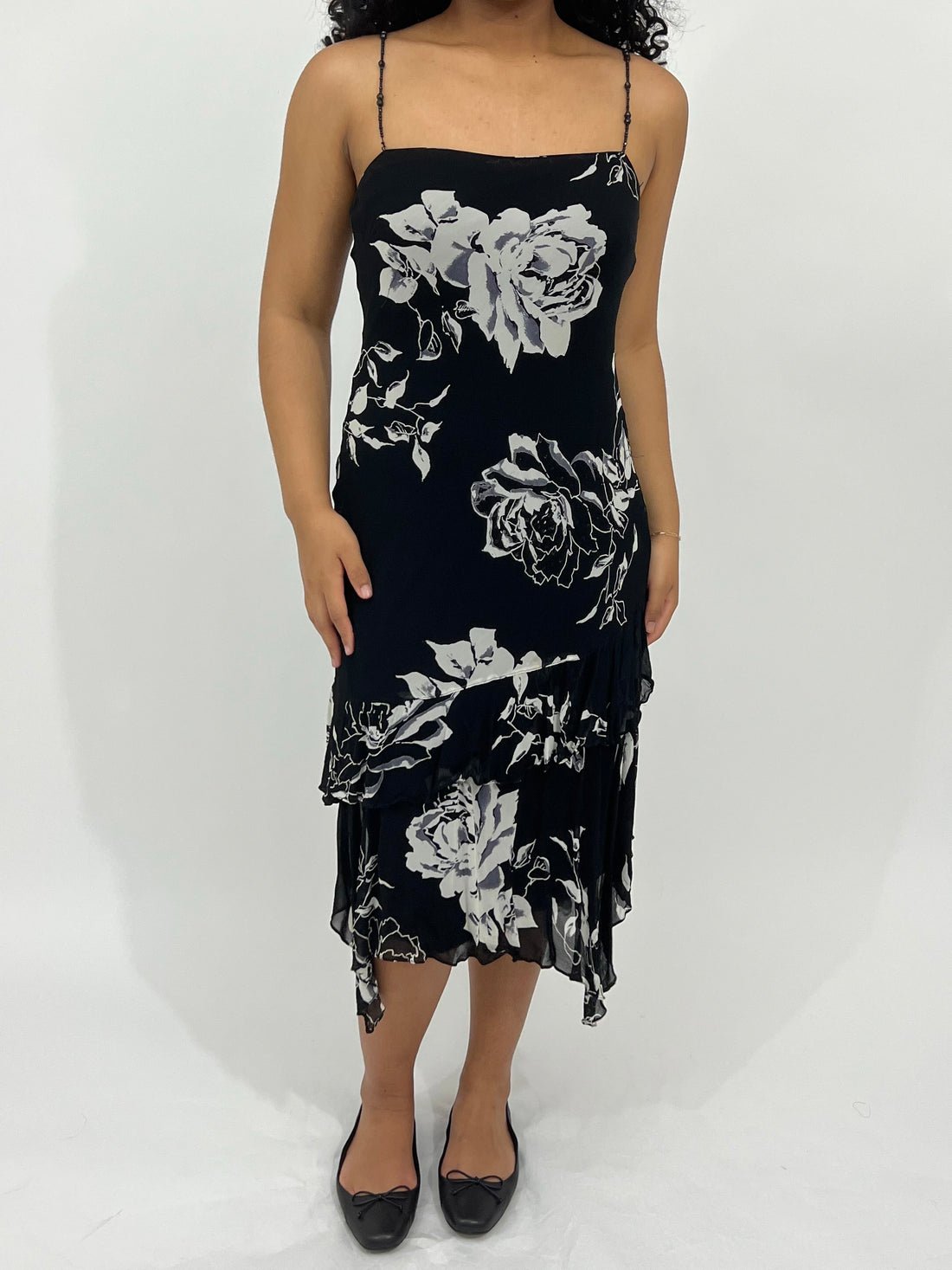 Bead Strapped Floral Midi Dress with Ruffles (M-L)